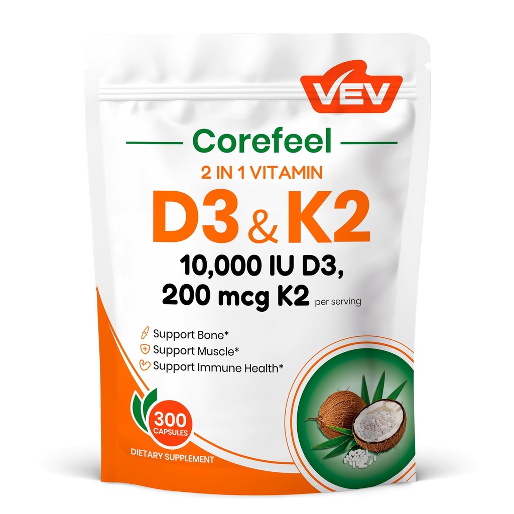 VEV Corefeel Vitamine D3 K2, 10.000 IE D3, 200mcg K2 (met MK7), Ondersteunt Bone and Teeth Health, Dual Nutrient Support for Daily Wellness, Easy to Swallow 300 Capsules