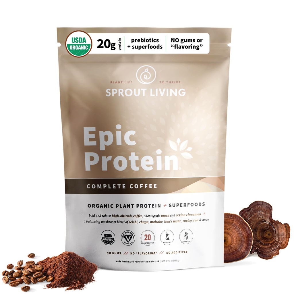 Sprout Living, Protéines épiques, Protéines végétales et Superfoods Poudre, Café Complet de 20 grammes Poudre de protéines organiques, Adaptogènes, Champignons, Vegan, Non-OGM, Sans gluten (1 livre, 12 portions)