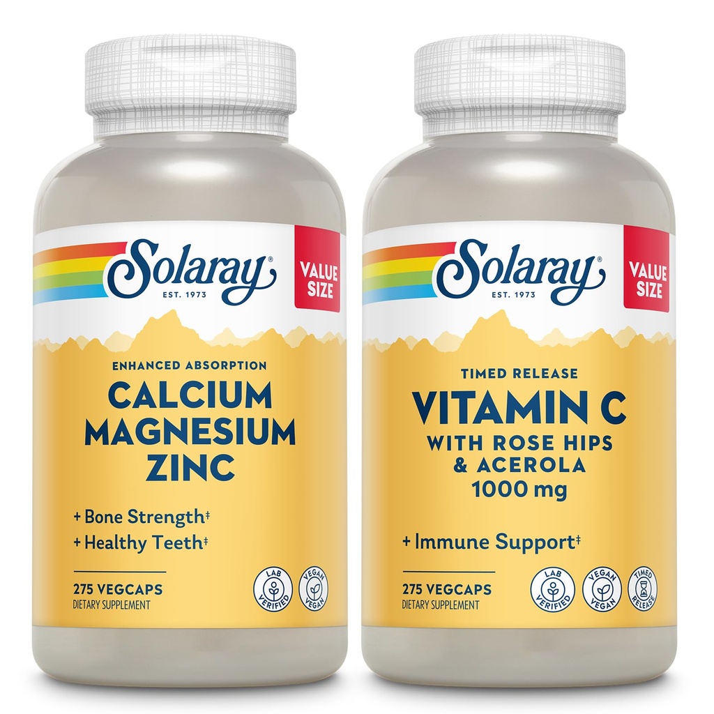 SOLARAY Zinc de magnésium de calcium et libération à temps Vitamine C - Bone Health, Immune Support Bundle, 1000mg Calcium, 500mg Magnésium, 1000mg Supplément de vitamine C, Vegan, garantie de 60 jours, 275 VegCaps Chaque