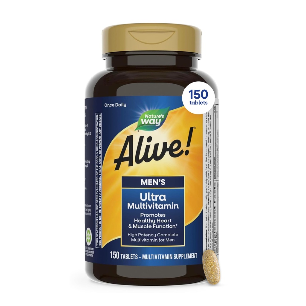 Nature's Way Alive! Mannen Dagelijkse Ultra Multivitamine, Hoge Potentie Formule, bevordert Hart & Spierfunctie*, met Gemethyleerde Vitamine B12, Glutenvrij, 150 tabletten