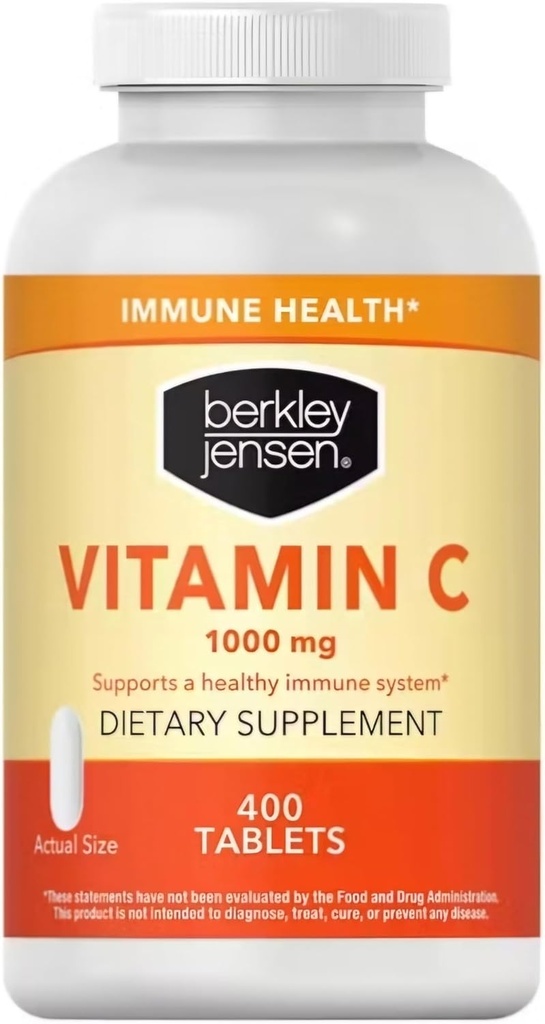 berkley jensen 1000 mg vitamine C-supplement (400 tabletten), extra sterkte dagelijkse immuniteit verdediging ondersteuning voor mannen en vrouwen, suiker en glutenvrije ascorbinezuur, zuiver