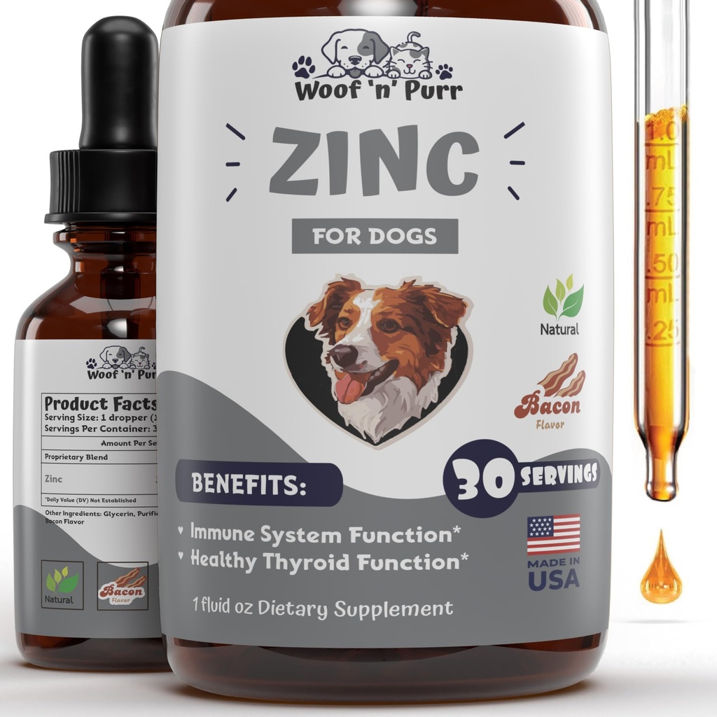 Zink voor honden - Honden Zink Supplement - Helpt bij het ondersteunen van gezonde huid, jas, immuungezondheid en meer - Hondenzink - Hondenhuid en jas Supplement - Huid en jas Supplement voor honden - 1 fl oz - Bacon smaak