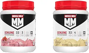 Muscle Milk Genuine Protein Powder Bundle, Aardbeien 'N Crème 1.93 Pounds 12 Serves 32g Proteine 3g Sugar and Banana Crème 1.93 Pounds 12 Serves 32g Proteine 4g Sugar