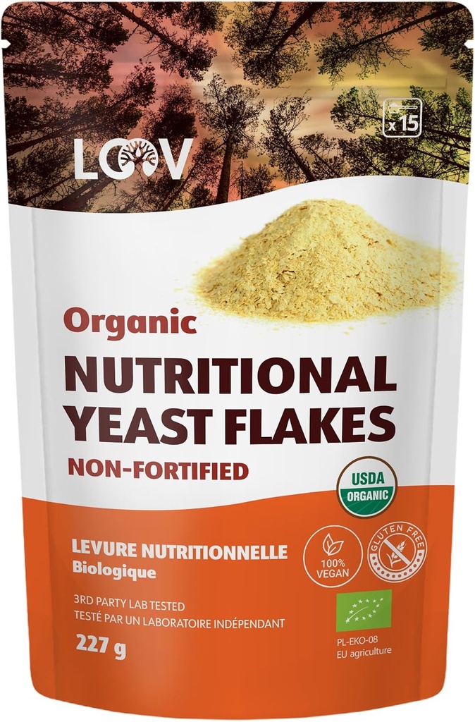 LOOV Organic Non-Fortified Nutritional Gist Flakes - Vegan, Glutenvrij, Niet-GGO Ongefortificeerde Nooch - Goede Bron van Natuurlijke B-Vitaminen - Geen Toegevoegd Zout of Suiker - Hersluitbare Zak, 8 Ounces (227 Gram)