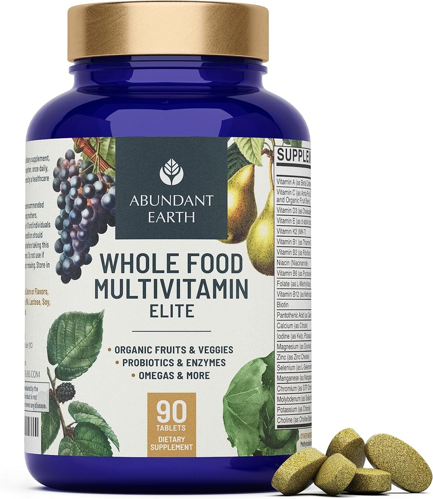 Overvloedige aarde Whole Food Multivitamine voor vrouwen Dagelijkse Multi Vitaminen Supplementen voor mannen Heren Multivitaminen + B Complex, Probiotic Multi Enzyme, Omega's voor biologische energie Mood Digestie 90ct-4pk