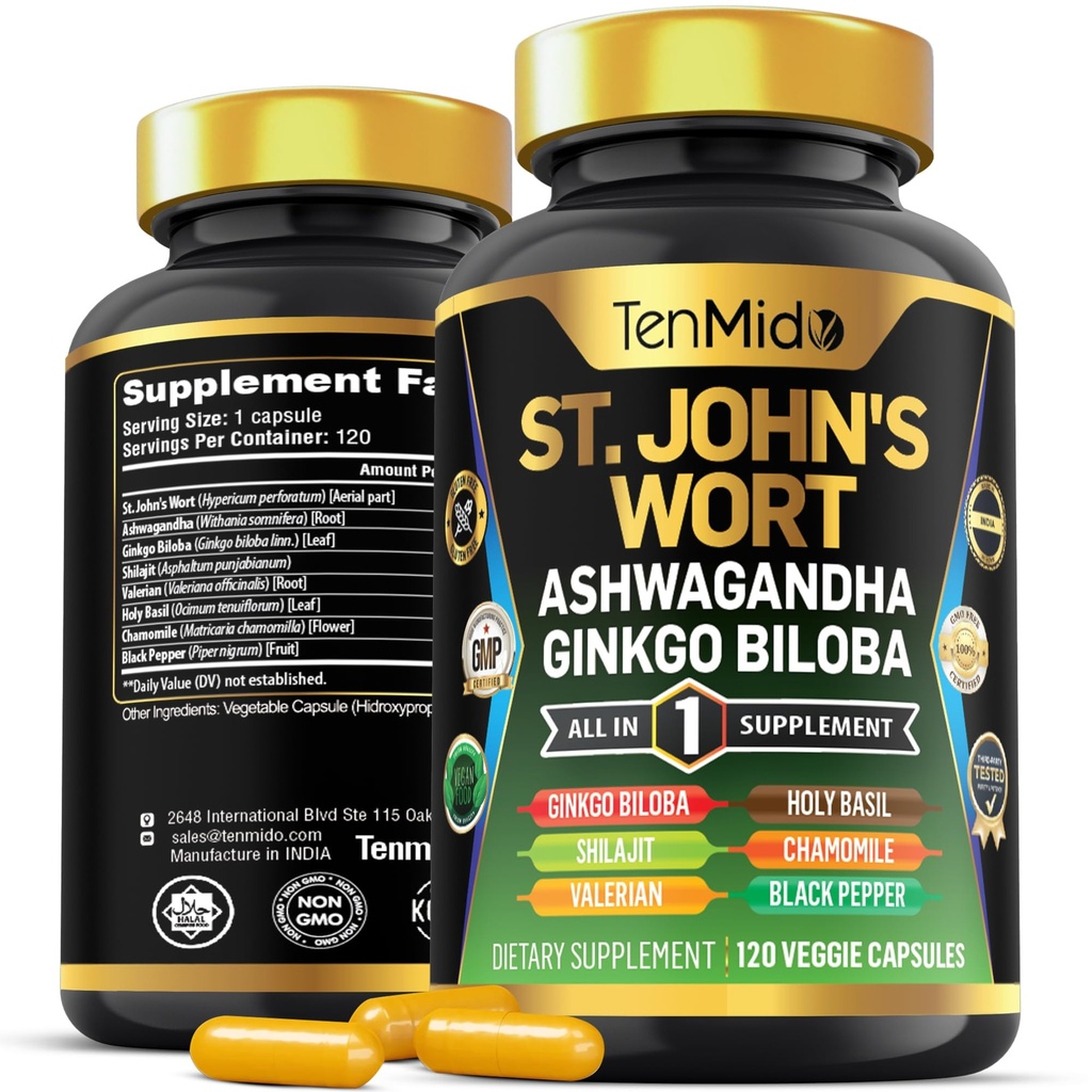 Supplément de millepertuis - Formule 8in1 - Combiner avec Ashwagandha, Ginkgo Biloba, Shilajit, Valérien, Saint Basilic, Camomille et Poivre Noir - 120 Capsules Vegan pour 4 mois d'approvisionnement