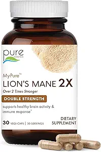 PURE ESSENCE LABS MyPure Lion's Mane 2X - dubbele sterkte Hersenondersteuning Supplement met 100% biologische vruchtlichaam Leeuwen Mane voor cognitieve gezondheid, focus, geheugen & geestelijke helderheid, 60 capsules