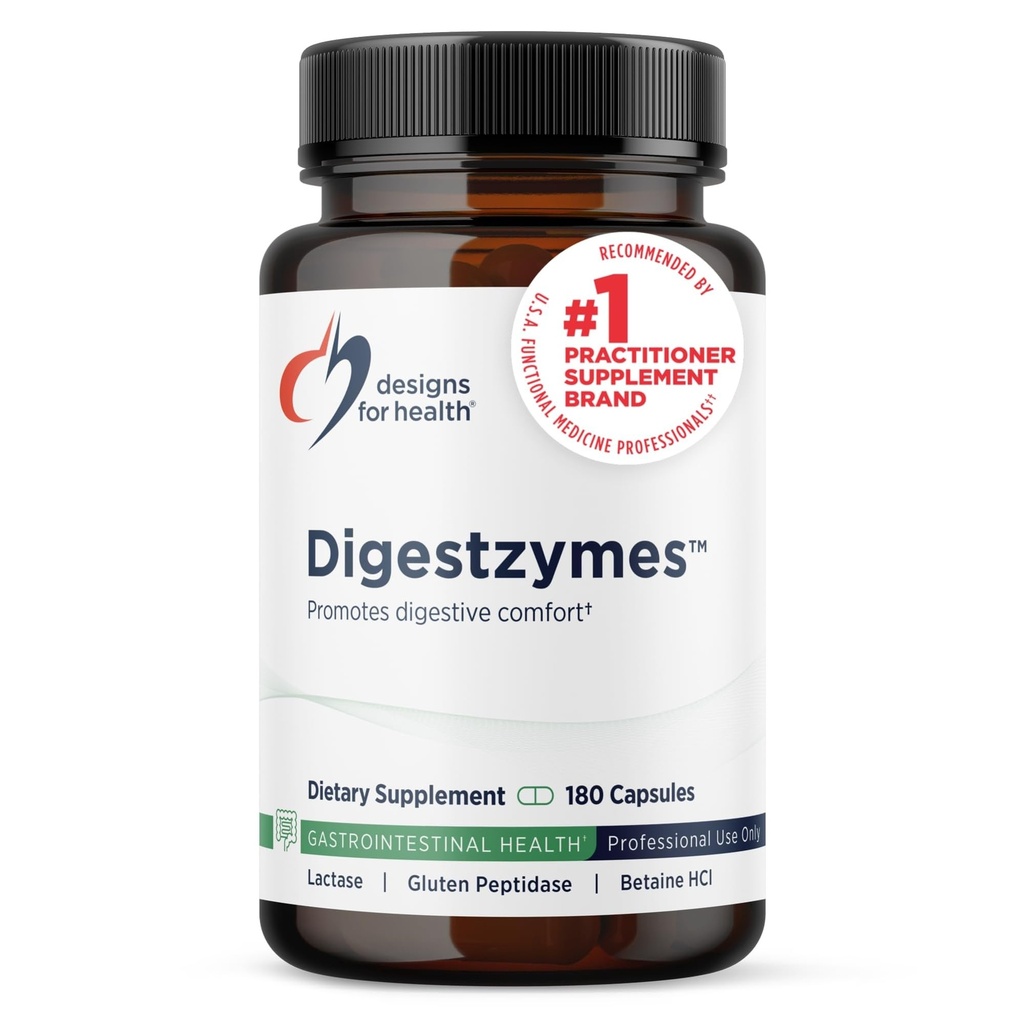 Designs for Health Digestzymes - Digestive Enzymes + Betaine Hydrodide for Gas & Bloating Relief - Pepsin, Ox Bile, Lactase Enzyme & Lipase Enzymes for Digestion (180 Capsules)