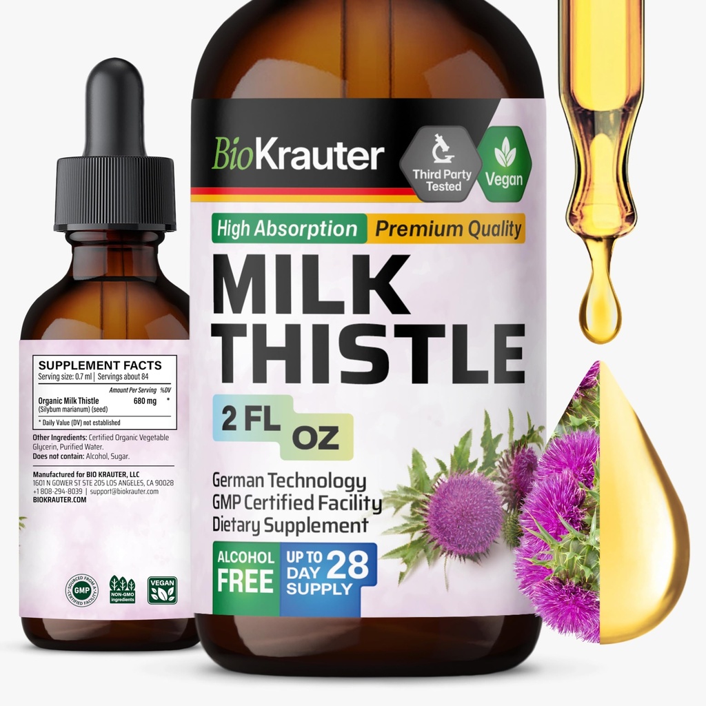 BIO KRAUTER Melkdistel Liquid Drops - Milk Thistle Silymarin Lever Ondersteuning Supplement - Alcohol & Sugar Free Tinctuur voor leverreiniging Detox - 2 Fl. Oz.