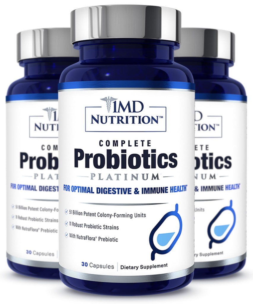 1MD Complete Probiotica Platinum Ondersteunt de spijsverteringsgezondheid met voedende prebiotica, 51 miljard levende CFU, 11 strains, zuivelvrije capsules (3-pack)