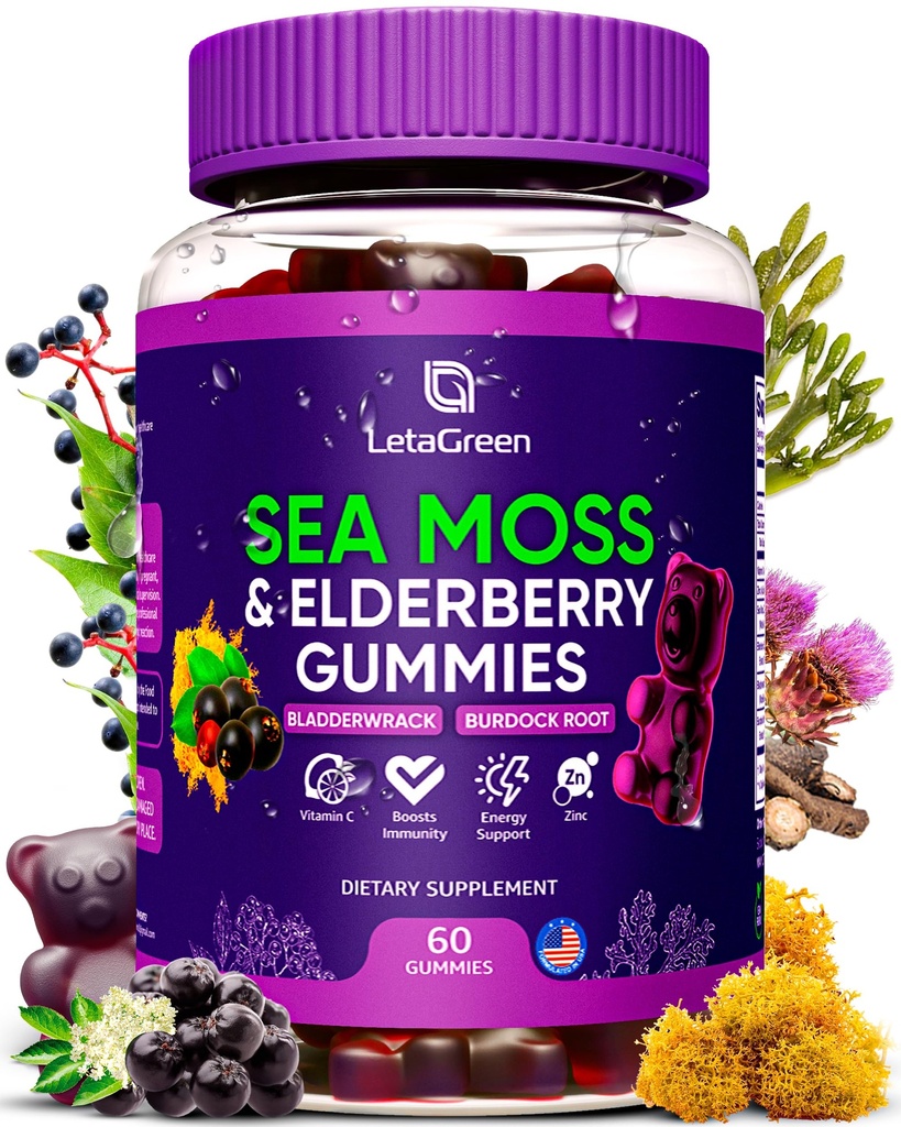 Irish Sea Moss Gummies Bladderwrack Burdock Root Elderberry Vitamin C & Zink 
