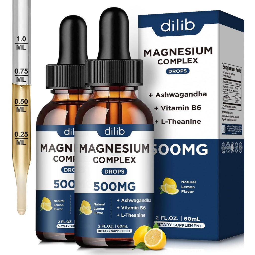 (2 Pack) Magnesium Glycinate, Citrate, Malate Liquid Drops-Triple Magnesium Complex Supplement 500mg met Ashwagandha, L-Theanine, Vitamine B6-Ondersteuning Kalm, Stress Relief, Slaap, Spier-Citroen smaak