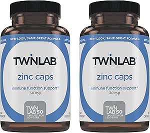 Twinlab Zinc Caps - Supplément de soutien immunitaire - Picolinate et gluconate de zinc - Supplément pour la défense immunitaire, peau saine, synthèse d'ADN, métabolisme et croissance - 30mg, 100 capsules - 2 Pack