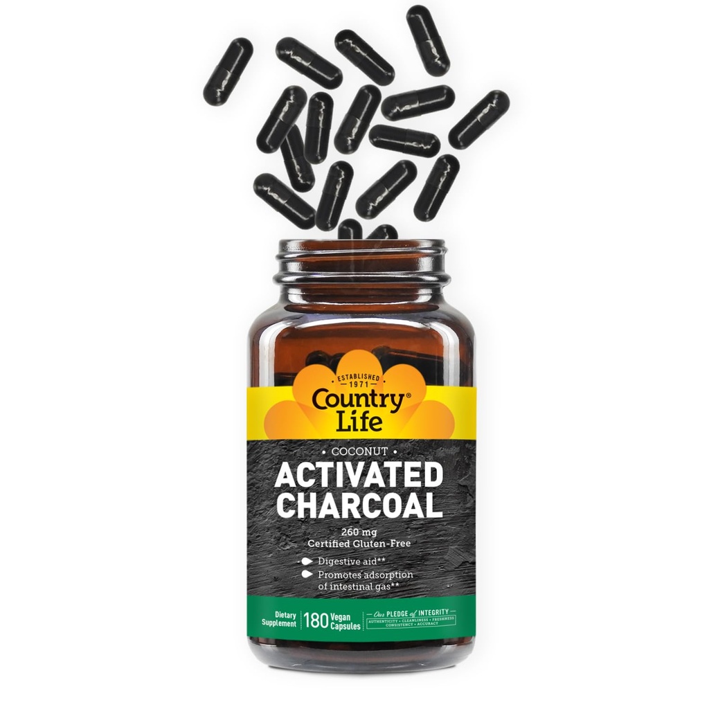 Country Life Activated Capsules de charbon de coco biologique, 260mg – Supplément de charbon naturel pour le gaz et le dégel, sans gluten, 180 capsules végétaliennes