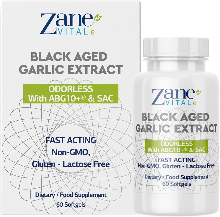 Zane - Verouderde Zwarte Knoflook Capsules - Immuunsysteem, Bloeddruk en Cholesterol Gezondheidsondersteuning - Minder Odor - Effectiever dan Allicin - 60 Capsules Non-GMO, Gluten - Lactose Paraben Vrij.