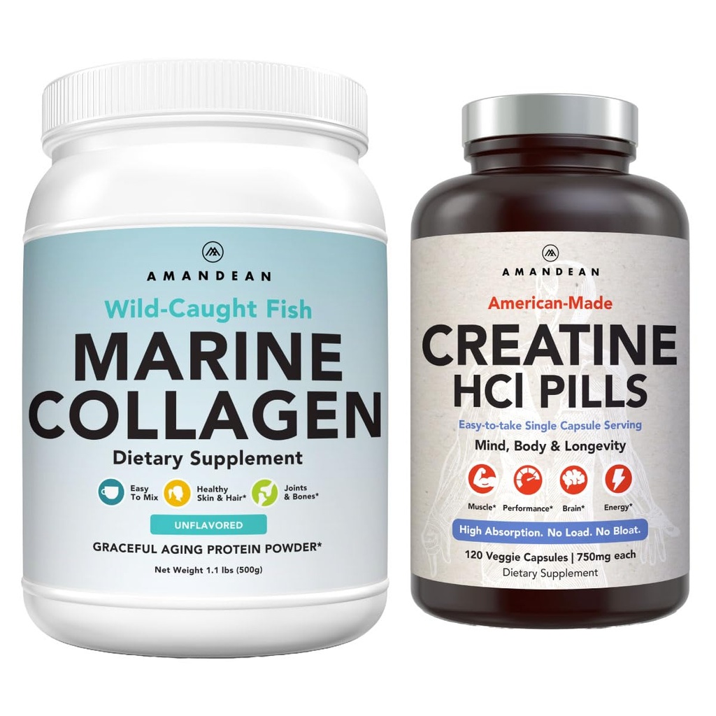 AMANDEAN Premium Creatine HCl & Marine Collagen Bundle. USA-Made CON-CRET. 7X Concentrated. Wild-Caught Hydrolyzed Fish Collageen Proteine. Ondersteuning herstel & Lean Muscle. Gezonde huid