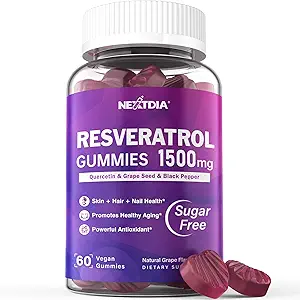 Resveratrol Supplément 1500mg - Resveratrol Gummies supporte NAD+, NMN & NMNH Synergy, avec Quercetin, Graines de raisin, Extraits de baies d'açai pour Antioxydant, Vieillissement en santé et longévité, Peau, Cerveau - 1Pcs