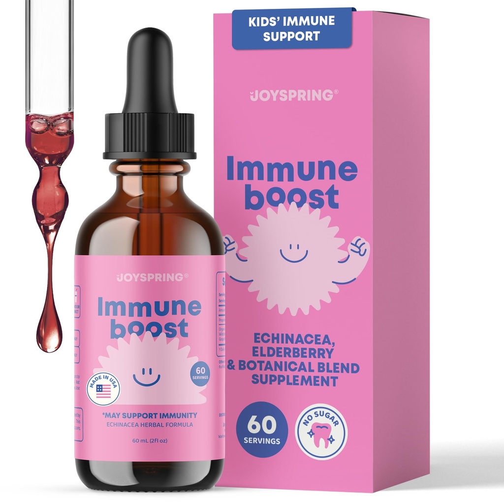 JoySpring Immune Drops - Kids Immune Support Liquid Supplement (2 fl oz) - Echinacea, Elderberry, Oregon Grape Root, Orange Peel, Vitamines A, B6, C - Natural Support System for Children & Adults