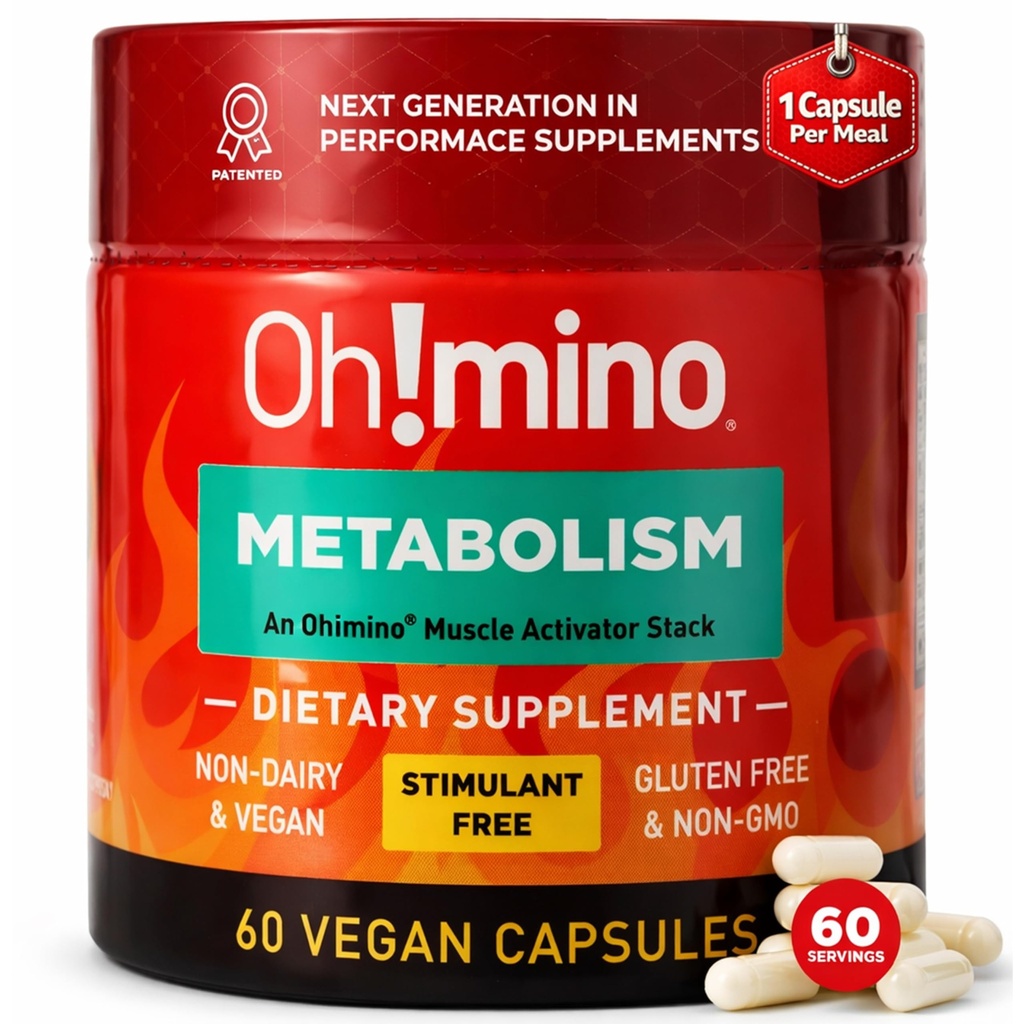 Oh!mino Métabolisme Supplément de soutien pour la conversion efficace des graisses à l'énergie avec/L-Carnitine, Phénylcapsaïcine, et vitamine B3 - Non-Jitters, Sans stimulant, Végétaliens, Capsules non laitiers (60 portions)