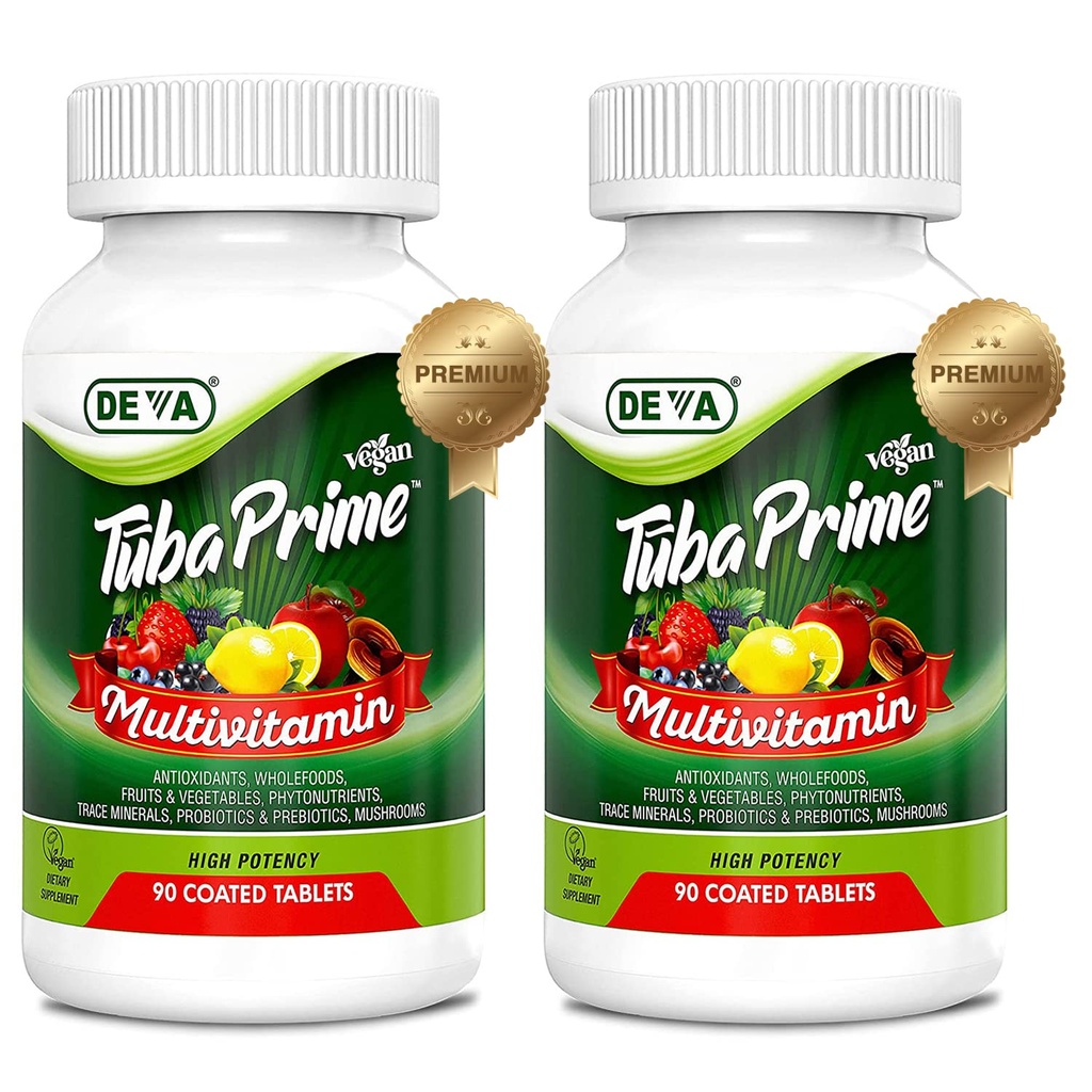 DEVA Tuba Prime Vegan Multivitamine High-Potency Vitamine en Mineraal Dieetsupplement Antioxidanten, Fruit en Plantaardige Blend, Super Paddestoelen, Probiotica, Prebiotica, Zaden, Kruiden - 90 Tabs, 2-pack