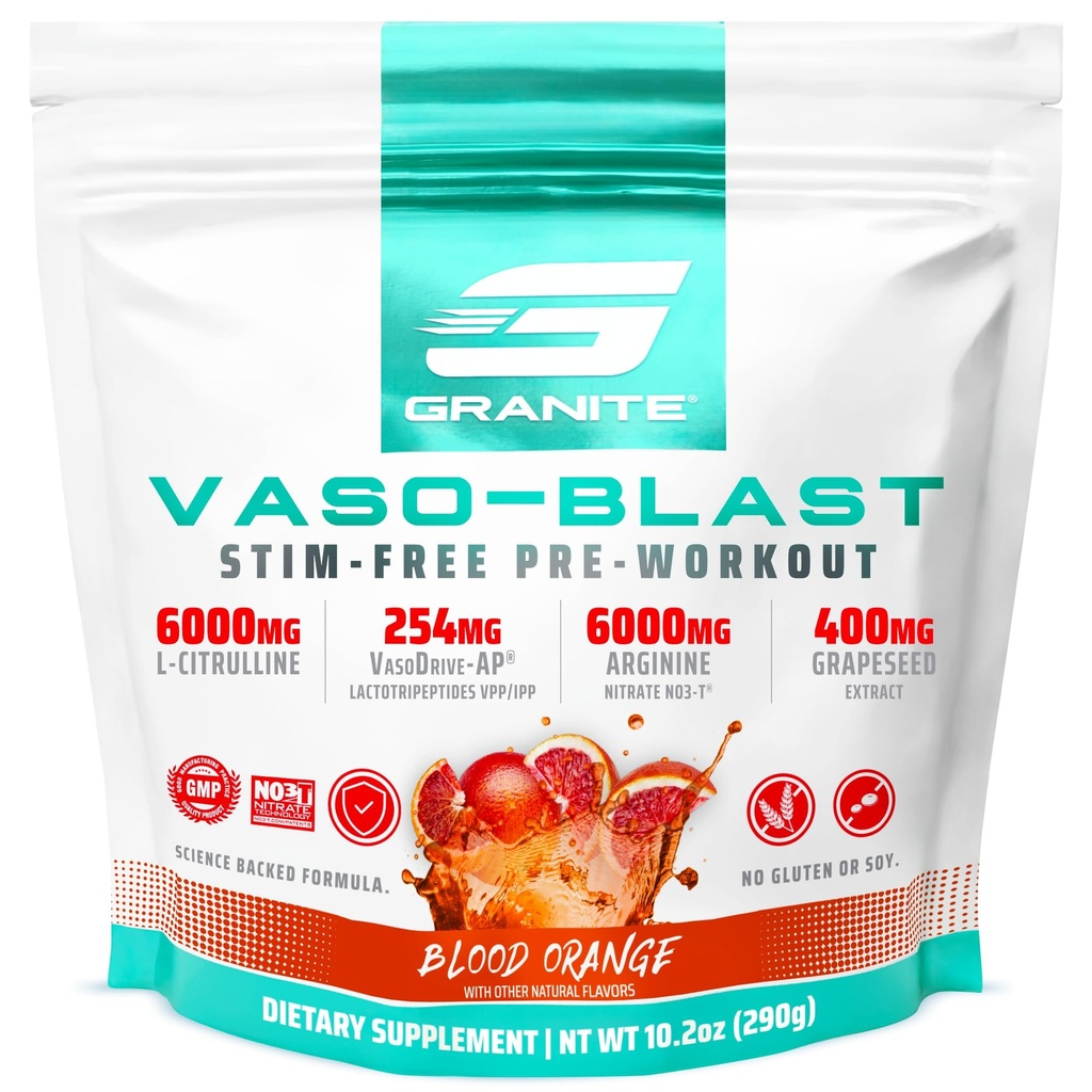 Granite Nutrition Vaso Blast Stim-Free Préentraînement - Support à l'oxyde nitrique non-Stim pour la pompe, le physique et la capacité musculaire - Blood Orange (290g)