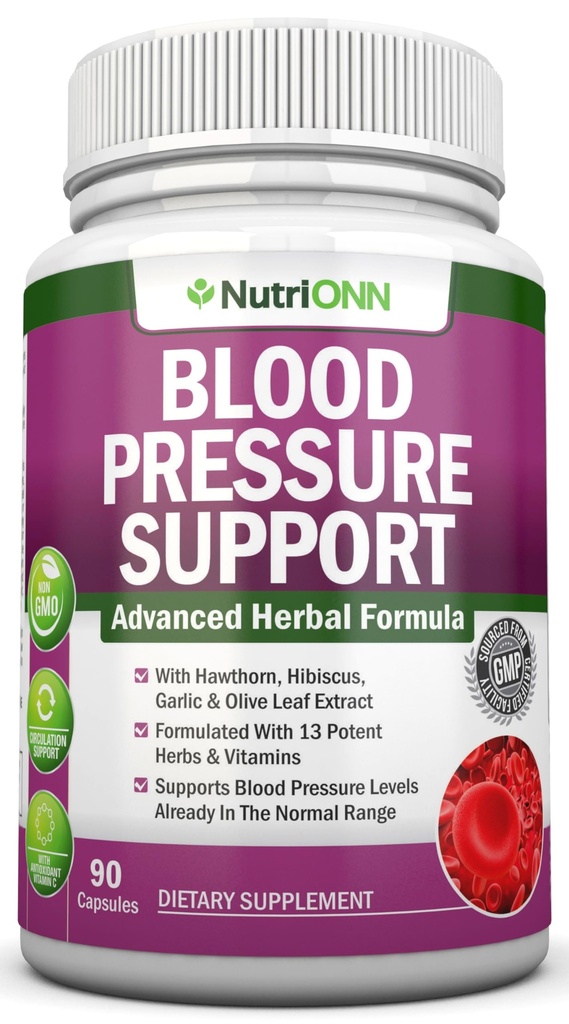 Blood Pressure Support Supplement - 13 Kruiden en vitamines - met Hawthorn, Hibiscus, Knoflook en Olive Leaf Extract - Natural Supplement for Women & Men - High Strength Capsules - Non-GMO - 90 Day Supply