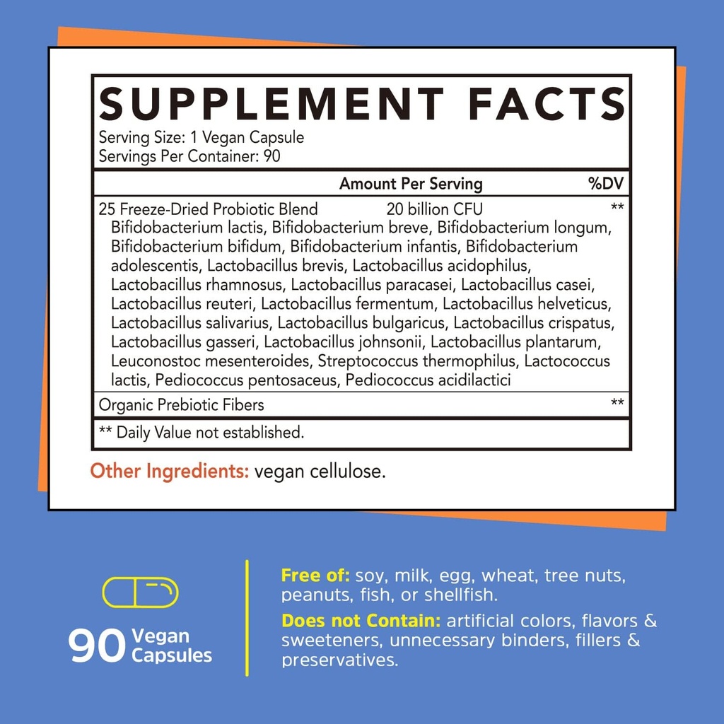 Gutcha Probiotica, 20 Miljard voor mannen & vrouwen, 25 Strains + Prebiotic Fiber voor Gut Health, Immune Support, Digestieve Ondersteuning, Freeze-Dried, Vertraagd-Release, Shelf-Stable, 90 Vegan Caps