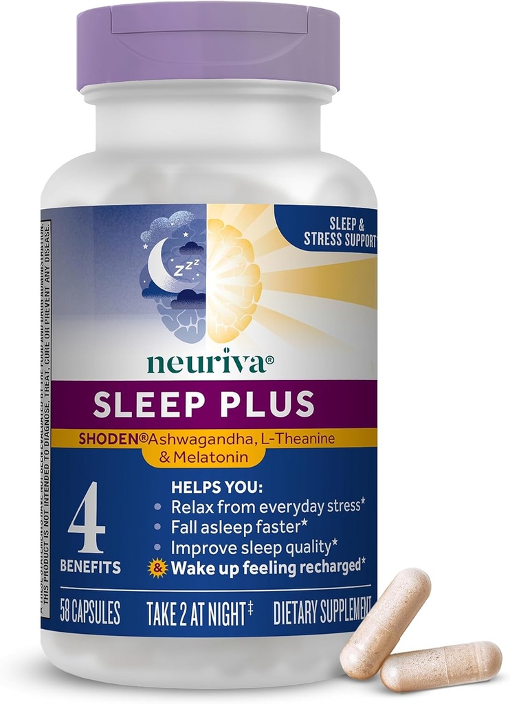 NEURIVA Sleep Plus met 4-in-1 voordelen - Klinisch getest Ashwagandha, L-Theanine & Melatonine - Verminder stress, slaap sneller vallen, verbeteren Slaapkwaliteit, Wake Up Refreshed*, 58ct Capsules