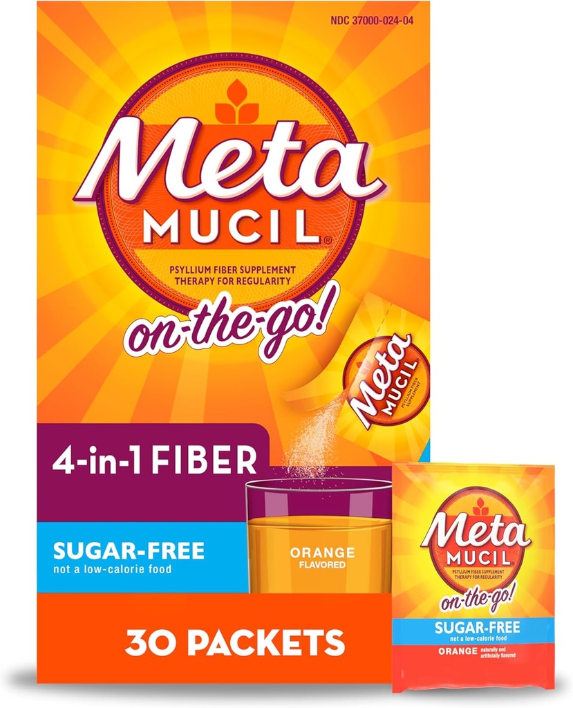 Metamucil On-The-Go, Psyllium Husk Fiber Supplement, 4-in-1 vezel voor de spijsvertering gezondheid, suikervrij, oranje smaak, 30 tellen x 2 verpakkingen (60 tellen totaal)