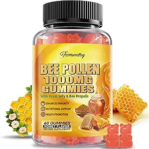 Pollen d'abeille 1000MG Gummies avec 500MG Royal Jelly & Bee Propolis, Supplément sans sucre de pollen d'abeille riche en vitamine C et E, végétarien, non-OGM, sans gluten, soutien immunitaire et santé de la peau
