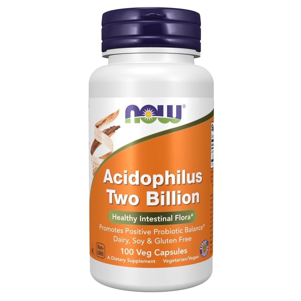 MAINTENANT Aliments suppléments, Acidophilus, deux milliards, souche vérifiée, Flore intestinale saine*, 100 gélules