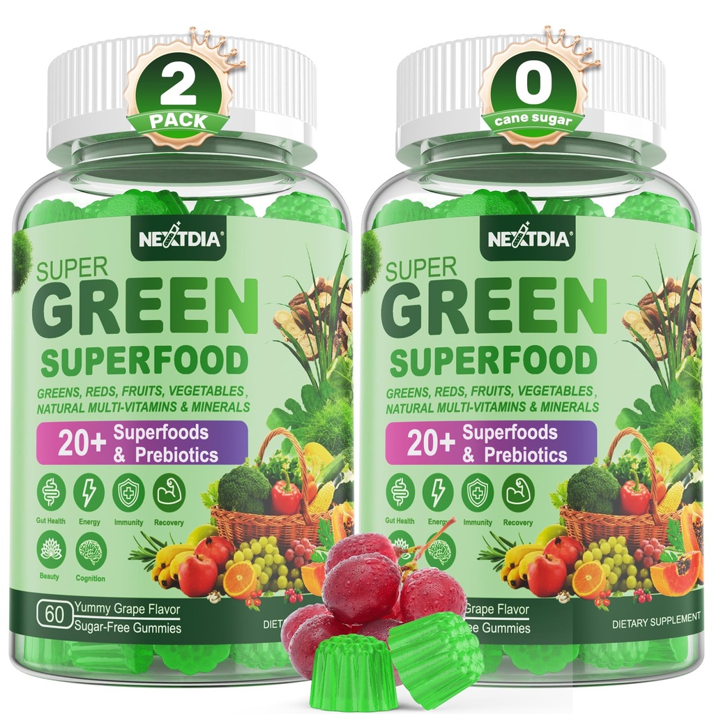 Super Greens Gummies, Greens Superfood Powder Alternative w/Spirulina, Chlorella, Prebiotic Fiber, Probiotic, Fruit Veggie, Dagelijkse groente voor spijsvertering & Gut Health, Immuniteit, Focus, 120 Ct