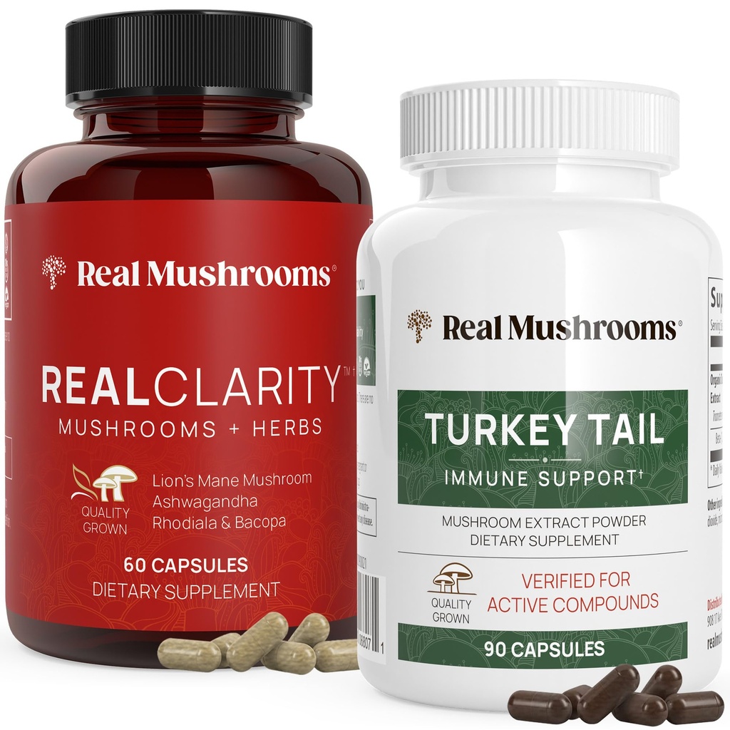 Real Mushrooms RealClarity (60ct) et Turkey Tail (90ct) Capsules Bundle - Supplément de champignons pour la clarté mentale, Focus & Immune Support - Vegan, Non-OGM, Niveaux vérifiés de bêta-glucanes