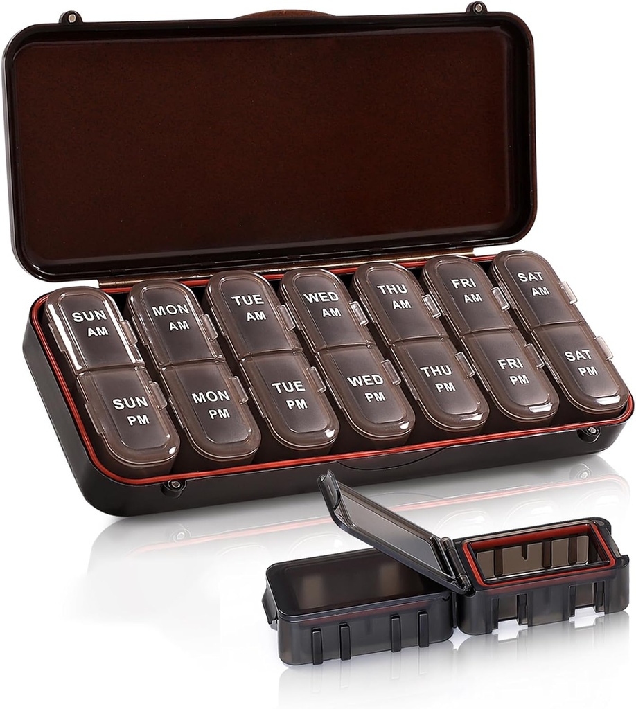 Pillen Organizer 2 keer per dag, Weekly Travel Case voor vitamines, visolie + 2 afneembare schattige dozen (Brown)