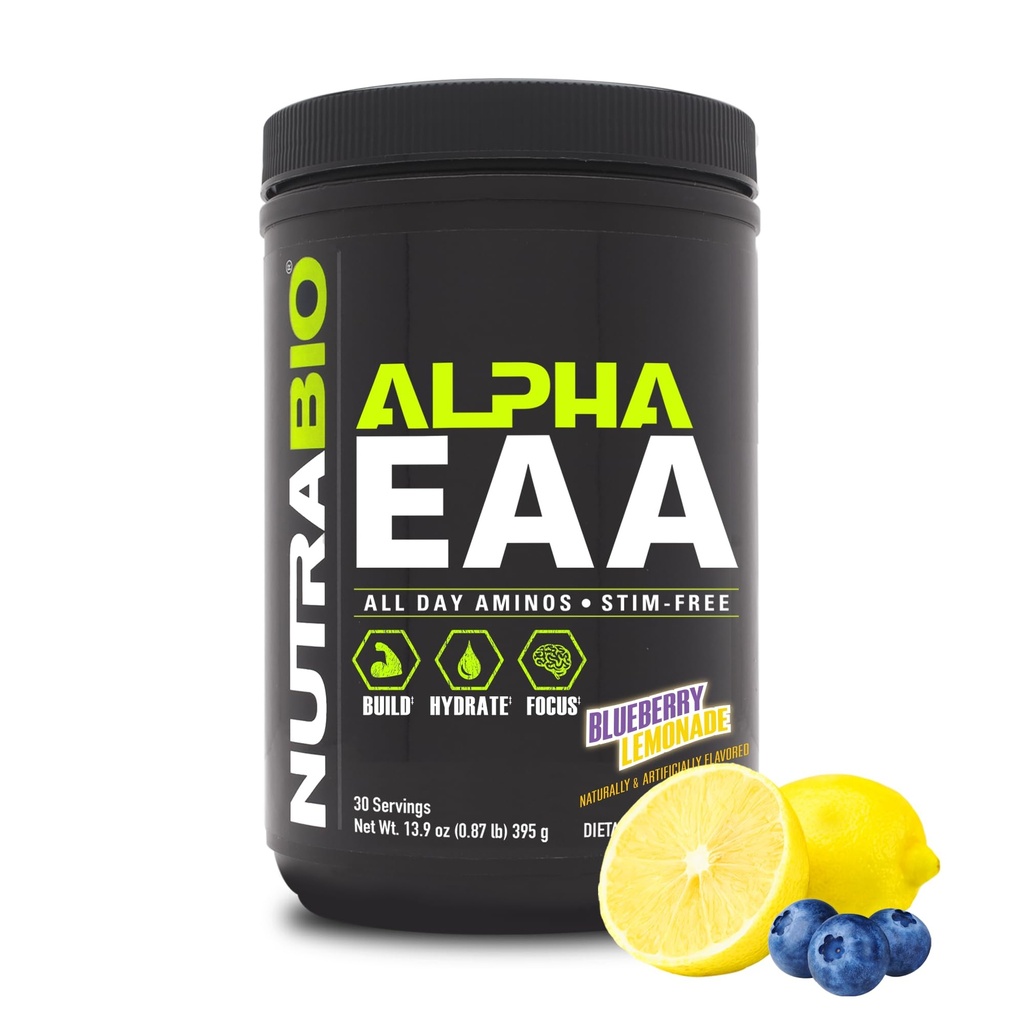 NutraBio Alpha EAA - Acides aminés tout au long de la journée pour la croissance et l'hydratation musculaires - Acides aminés essentiels avec nootropiques et adaptogènes- Plein spectre EAA BCAA Poudre - 30 portions - Cimonade bleue
