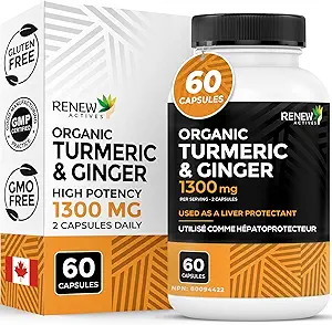 Renouveler les actifs Curcumin curcumin 1000MG & 200MG Ginger par 2 gélules - Antioxydant potent avec biopérine et mélange de poivre noir pour la santé digestive et hépatique - Fabriqué au Canada - 60 gélules