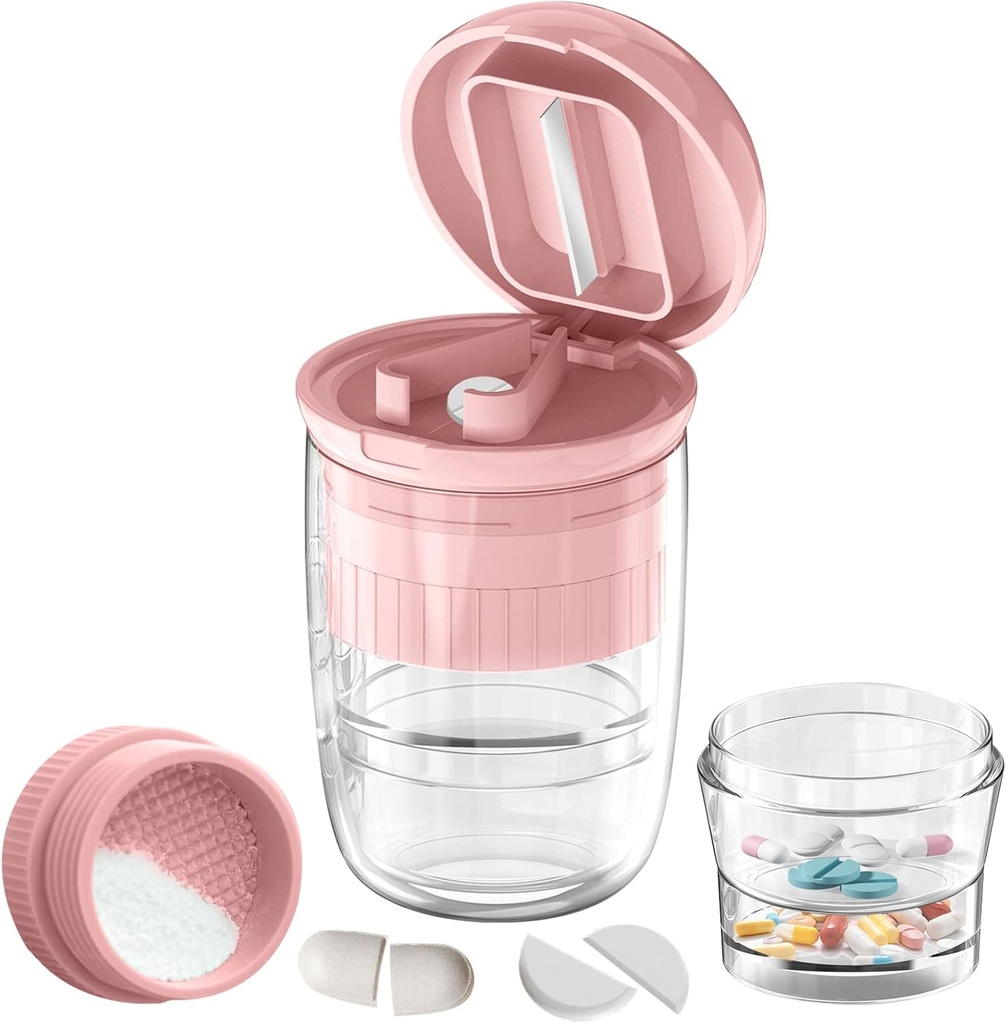 Pillensnijder Splitter met Dispenser, Pillensnijder voor kleine of grote pillen, Penselen Pillen, Vitaminen, Tabletten, Roestvrij stalen blad, Verwijderbare Drinkbeker (Roze-1)