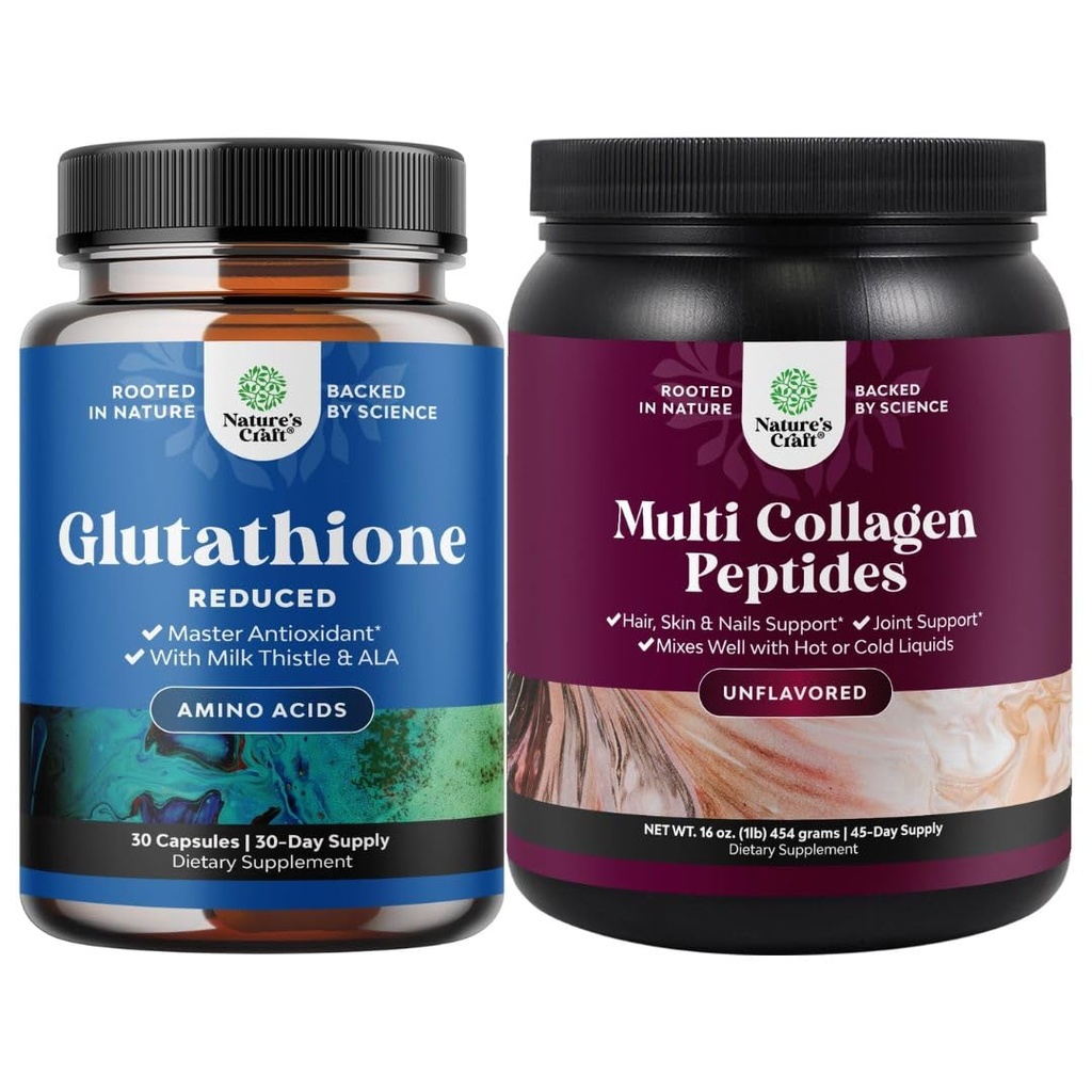 Ensemble de supplément réduit de glutathion avec chardon de lait - 500 mg par portion de poudre de glutathion pur L et de protéines multicollagènes - Keto hydrolysed Collagen Peptides Cheveux Peau et ongles Vitamis