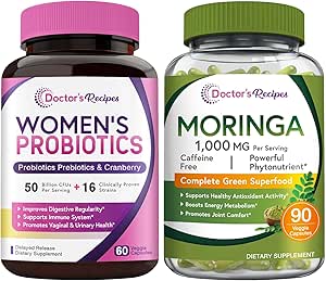 Recettes du médecin Femmes Probiotiques et bio Moringa Bundle, GI et femmes Santé, Support Antioxydant naturel, Pas de gluten, Pro (60 Capsules) et Moringa (90 Capsules)