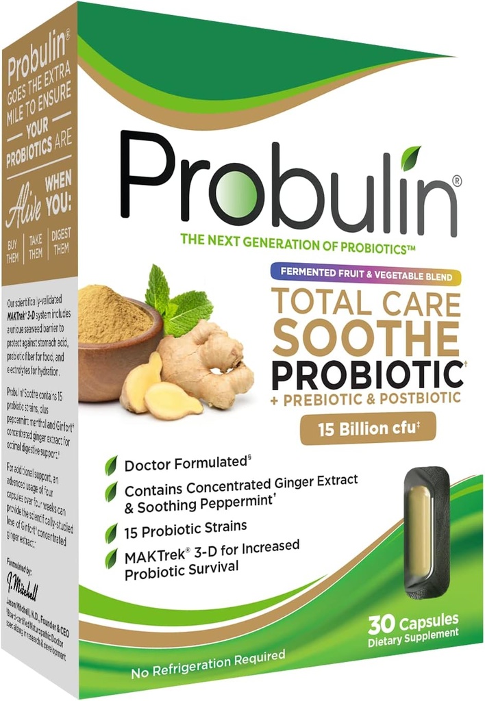 Probulin Total Care Verzacht Prebiotica, Probiotica en Postbiotica + Gember & Mint voor Digestieve Verzachting - 15 miljard CFU - 15 Strains - 30 Vegan Capsules