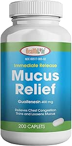 HealthLife® Mucus Relief Guaifenesin Caplets 400 mg, Direct Release (300 Count) Fast Acting Expectorant, Thin and Loosens Mucus, Relives Borstcongestie, Hoest, Koud en griep