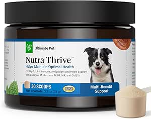 Ultimate Pet Nutrition Nutra Thrive Canine, 40-in-1 Nutritional Powder Supplement voor honden met spijsvertering en Immuun Ondersteuning, Vitaminen, Mineralen, Probiotica, Enzymen, 30 scoops