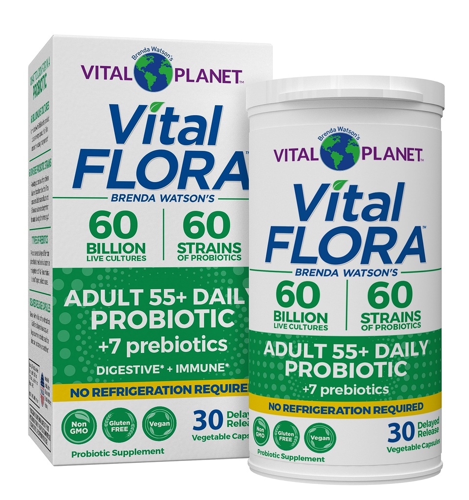 Vital Planet - Vital Flora Volwassenen Meer dan 55 Dagelijkse Probiotica 60 miljard CFU, Diverse Strains, Biologische Prebiotica, Immune en Digestieve Gezondheid Plank Stabiele Probiotica voor vrouwen en mannen, 30 Capsules
