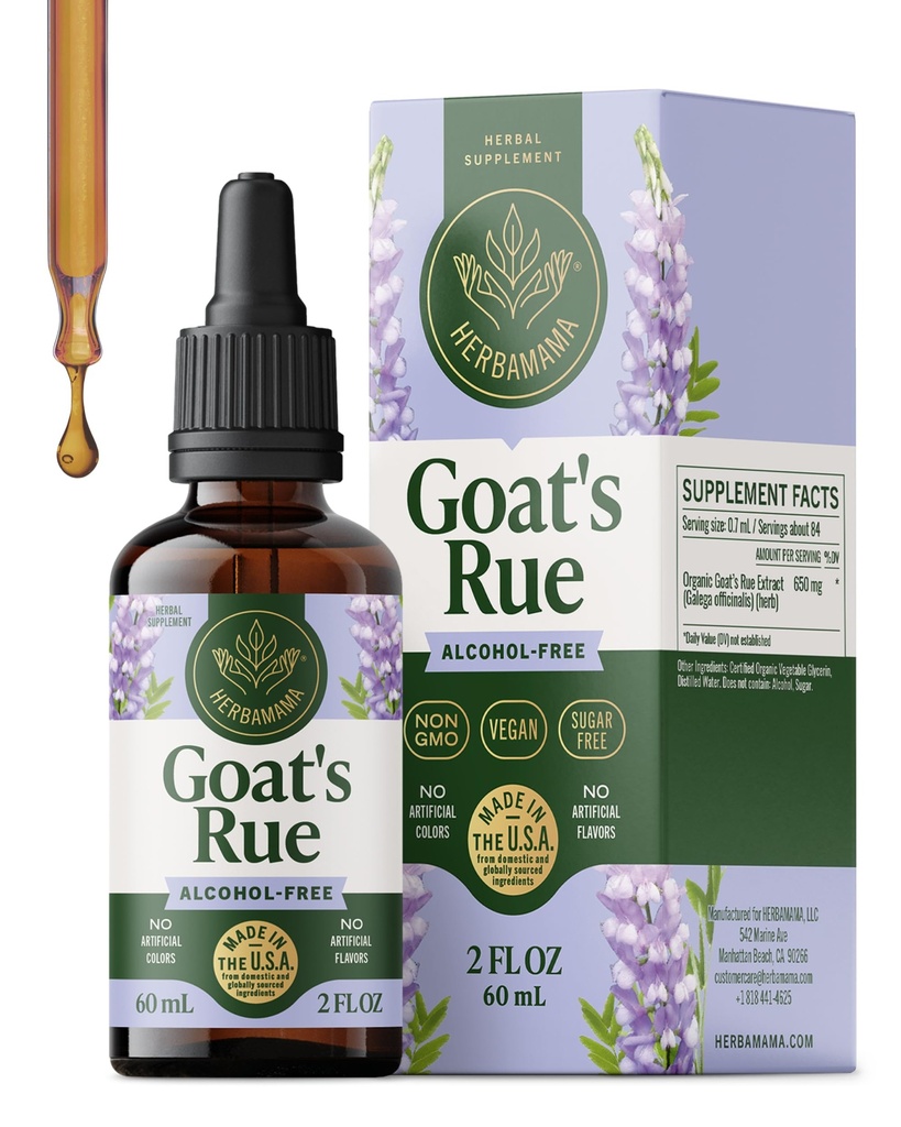 HERBAMAMA Goat's Rue Tincture - Vegan Lactation Support with Galega Officinalis Extract - Breastfeeding Support Drops - Non-GMO, Alcohol & Sugar-Free Goat's Rue Lactation Supplement 28-Day Supply