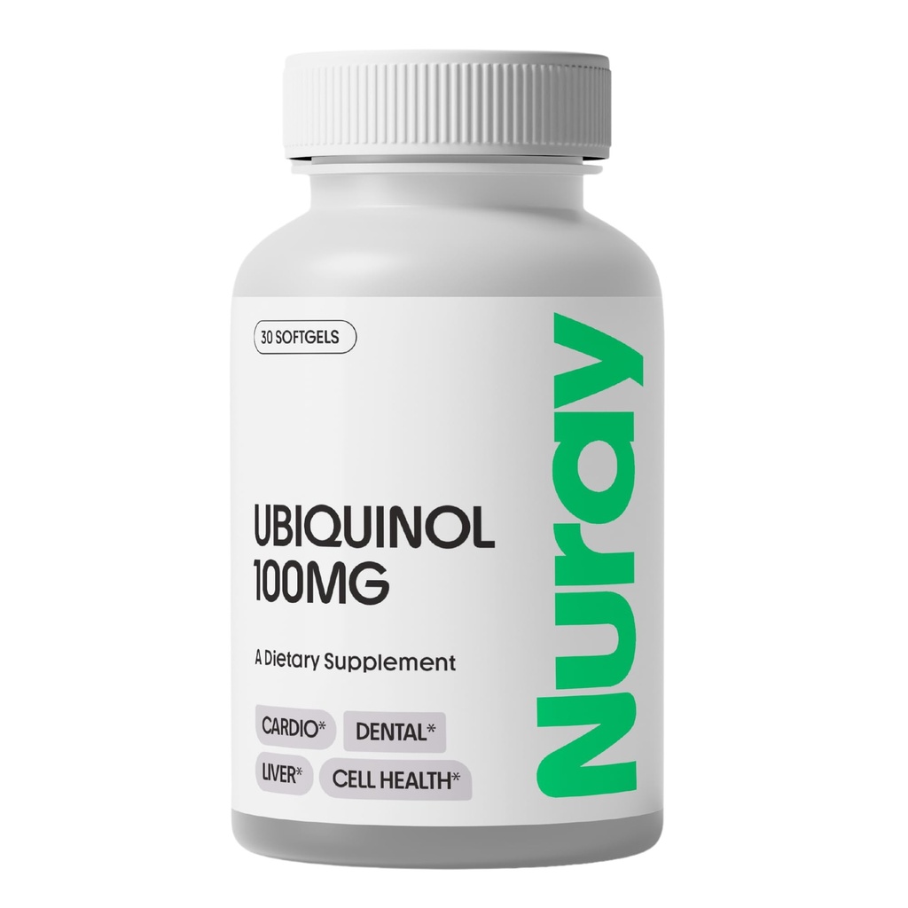 Nuray Ubichinol 100 mg Softgels, actieve vorm van CoQ10 voor cardiovasculaire en tandheelkundige gezondheid, Glutenvrije Immune Ondersteuning, verbetert de gezondheid van de lever, 30 Tel.
