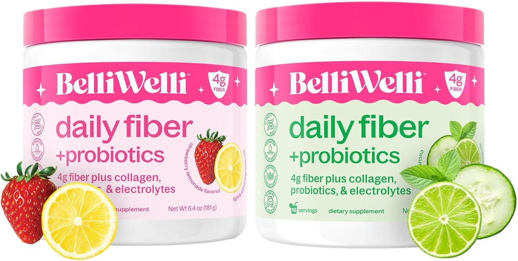 Belli Welli Daily Fiber Supplement Duo - Strawberry Lemonade & Cucumber Lime Mint - met Collageen, Probiotica & Elektrolyten - Verfrissende smaken voor Balanced Wellness - 32 Totaal porties