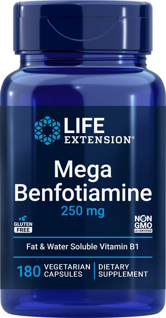 Levensverlenging Mega Benfotiamine, 250 mg, 180 Veg caps met Thiamine - Vitamine B1 Supplement