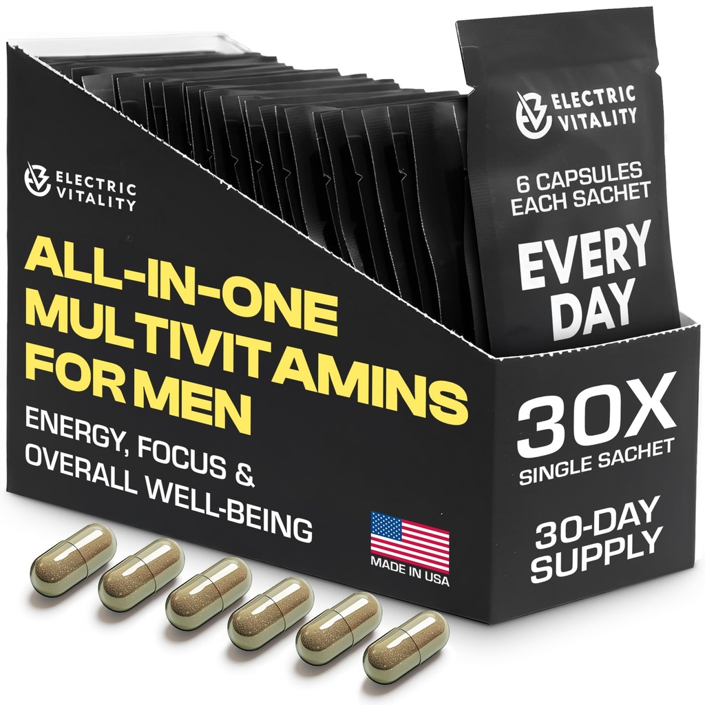 Multivitaminen voor mannen - Alles in één pakket voor energie en focus, Heren Vitaminen voor geestelijke prestaties en gezondheid, verpakt met Tongkat Ali, Shilijit, Vitamine C, B3, B1, A, B12, 30 Pk