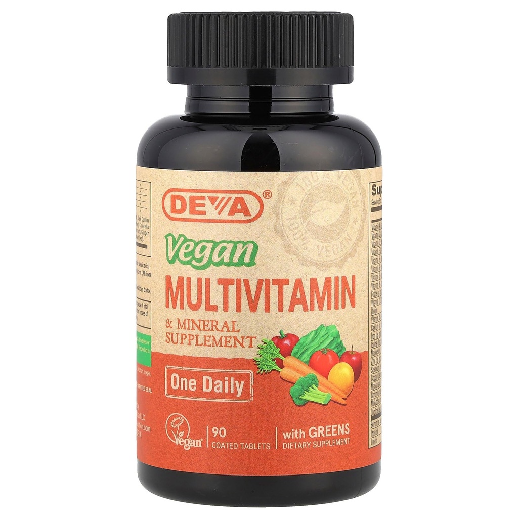 DEVA Tiny Tablets Vegan Multivitamines voor vrouwen & mannen, Multivitamine met ijzer, mineraal supplement, vitamine C, vitamine B complex, vitamine B12, vitamine E, zink, glutenvrij, 90 tabletten