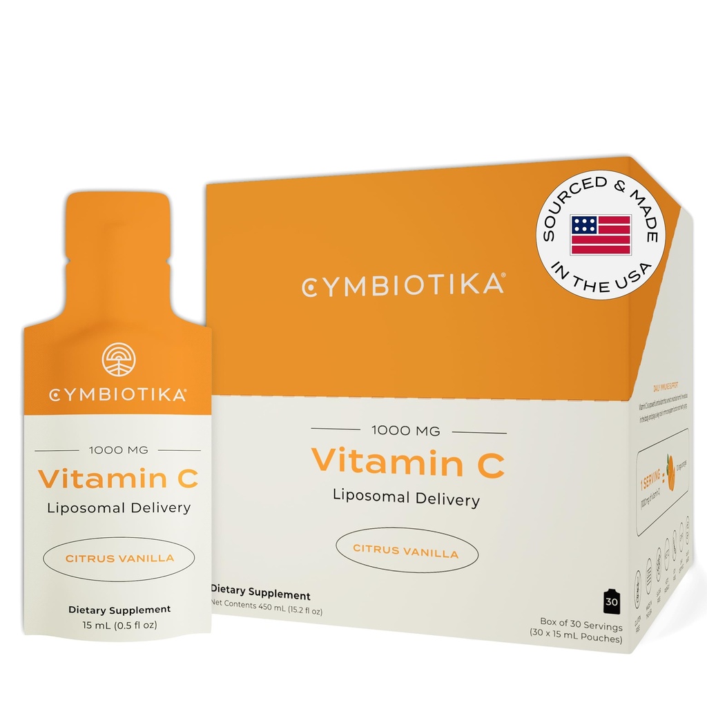 CYMBIOTIKA Vitamine C Packets individuels, Livraison liposomique, Supplément pour le soutien immunitaire, Collagène Boost, & Vieillissement en santé, Packets d'hydratation de la peau, Citrus Vanilla Flavor, 30 Compte